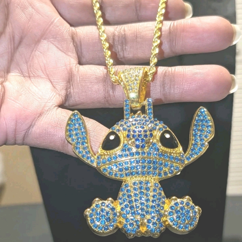 Stitch Character Rhinestone Pendant on Gold-Tone Bling Hip Hop Necklace